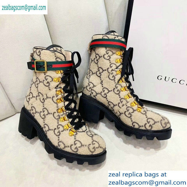 Gucci Web Strap with Buckle Wool Ankle Boots GG Beige 2019