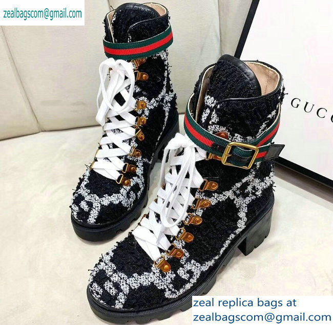 Gucci Web Strap with Buckle Wool Ankle Boots GG Black 2019 - Click Image to Close