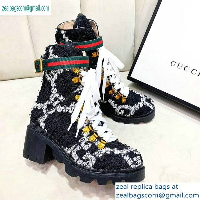 Gucci Web Strap with Buckle Wool Ankle Boots GG Black 2019