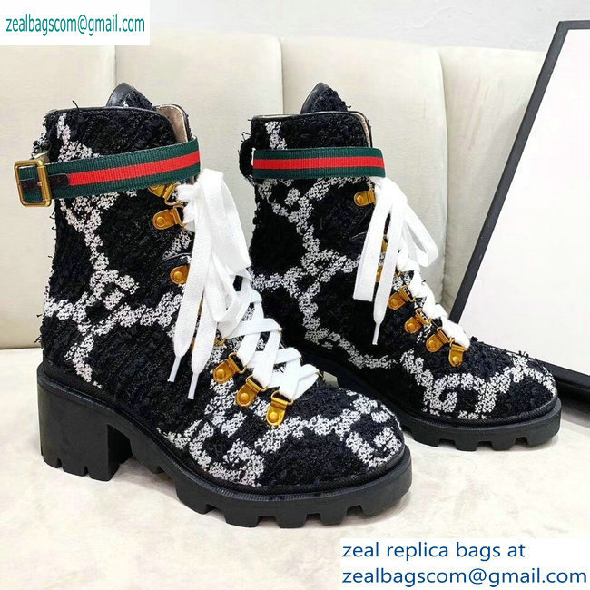 Gucci Web Strap with Buckle Wool Ankle Boots GG Black 2019