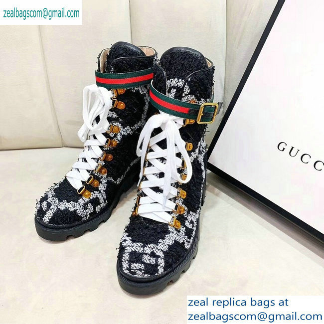 Gucci Web Strap with Buckle Wool Ankle Boots GG Black 2019