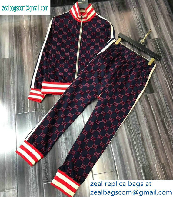 Gucci Web Trim GG Jacket and Pants Suit Dark Blue/Red 2019 - Click Image to Close