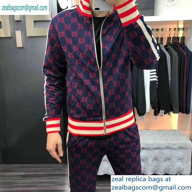 Gucci Web Trim GG Jacket and Pants Suit Dark Blue/Red 2019