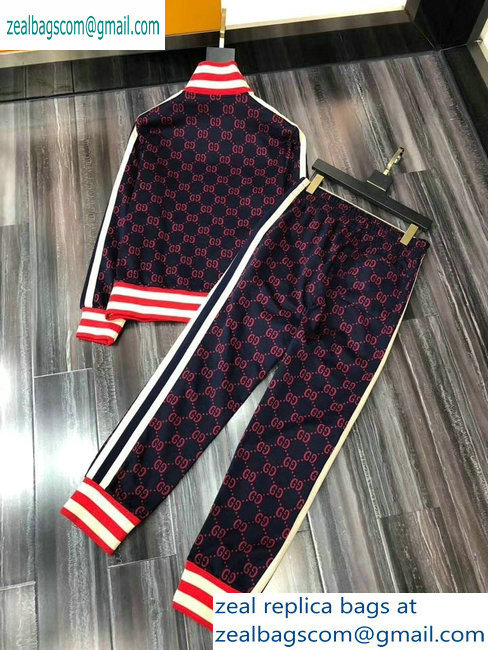 Gucci Web Trim GG Jacket and Pants Suit Dark Blue/Red 2019 - Click Image to Close