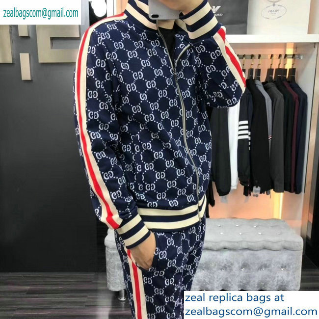 Gucci Web Trim GG Jacket and Pants Suit Dark Blue/White 2019