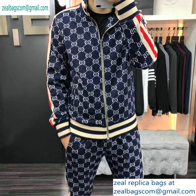 Gucci Web Trim GG Jacket and Pants Suit Dark Blue/White 2019