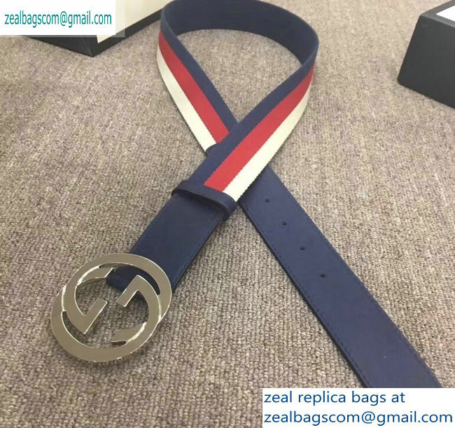 Gucci Width 4cm Sylvie Web and Leather Belt Blue with Interlocking G Buckle