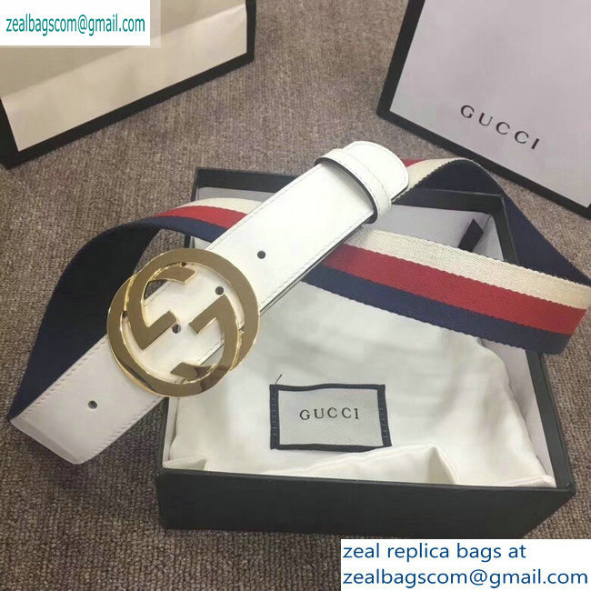 Gucci Width 4cm Sylvie Web and Leather Belt White with Interlocking G Buckle