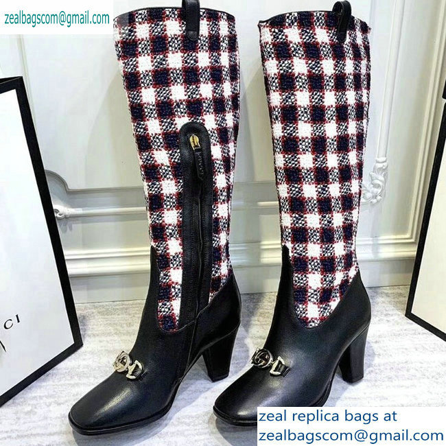 Gucci Zumi Tweed Knee Boots 577652 Check Blue/Red/White 2019 - Click Image to Close