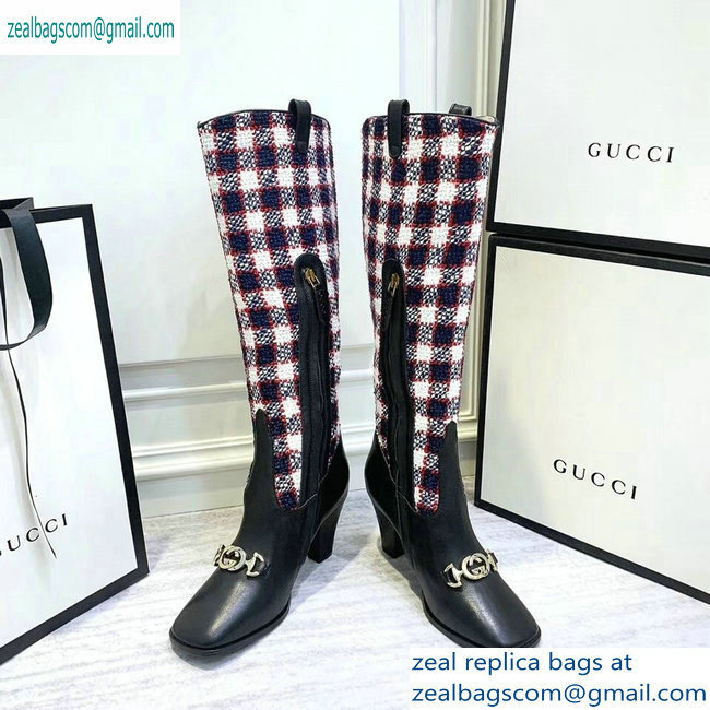 Gucci Zumi Tweed Knee Boots 577652 Check Blue/Red/White 2019 - Click Image to Close