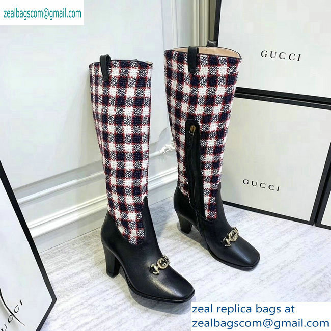 Gucci Zumi Tweed Knee Boots 577652 Check Blue/Red/White 2019