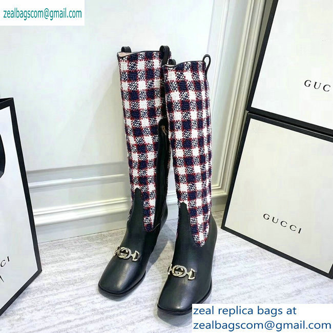 Gucci Zumi Tweed Knee Boots 577652 Check Blue/Red/White 2019