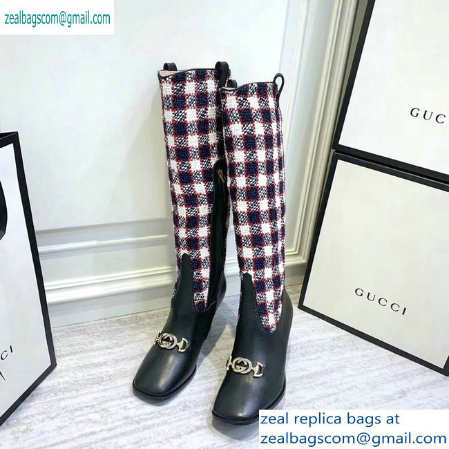 Gucci Zumi Tweed Knee Boots 577652 Check Blue/Red/White 2019 - Click Image to Close