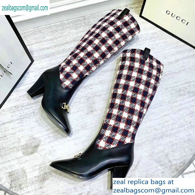 Gucci Zumi Tweed Knee Boots 577652 Check Blue/Red/White 2019