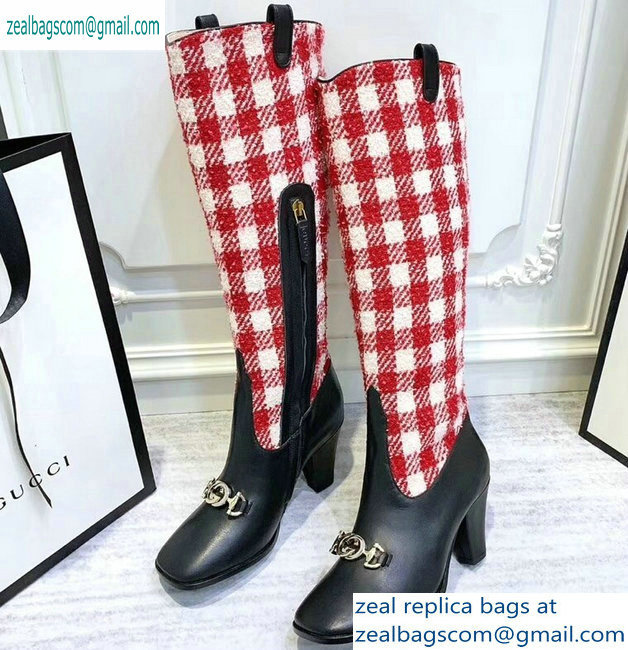 Gucci Zumi Tweed Knee Boots 577652 Check Red/White 2019 - Click Image to Close