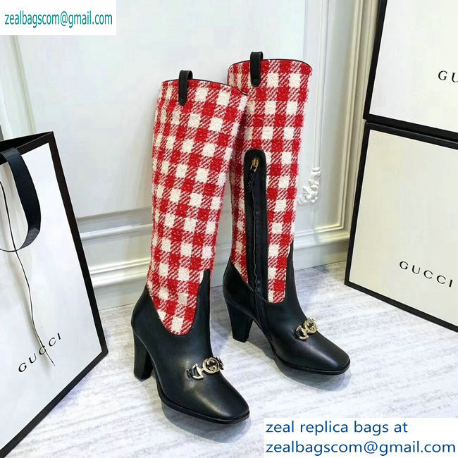 Gucci Zumi Tweed Knee Boots 577652 Check Red/White 2019