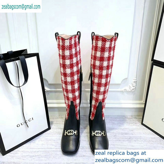 Gucci Zumi Tweed Knee Boots 577652 Check Red/White 2019 - Click Image to Close