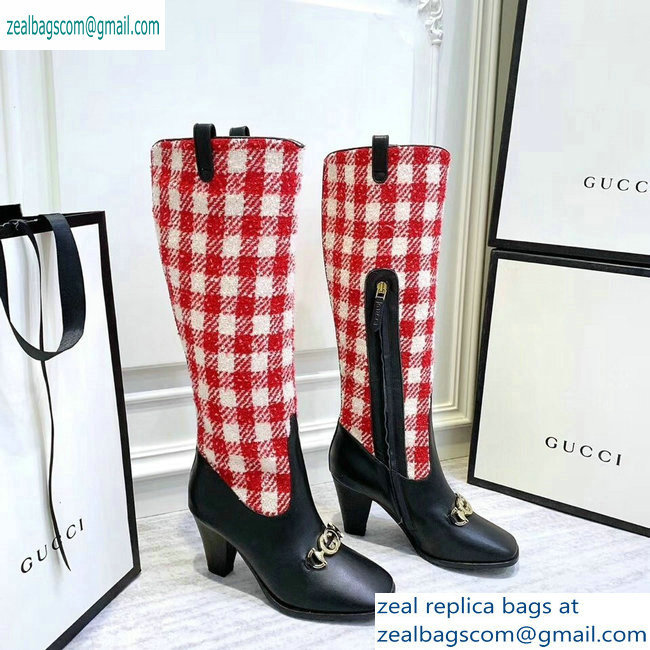 Gucci Zumi Tweed Knee Boots 577652 Check Red/White 2019