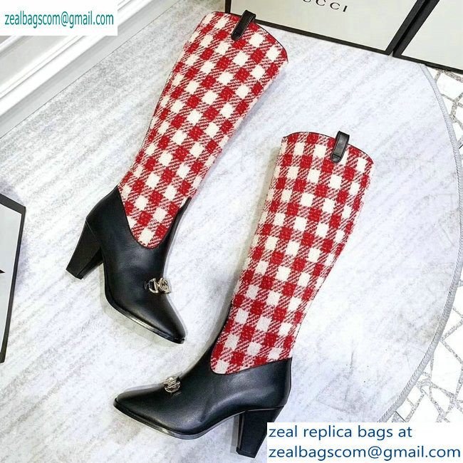 Gucci Zumi Tweed Knee Boots 577652 Check Red/White 2019