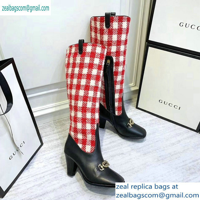 Gucci Zumi Tweed Knee Boots 577652 Check Red/White 2019 - Click Image to Close