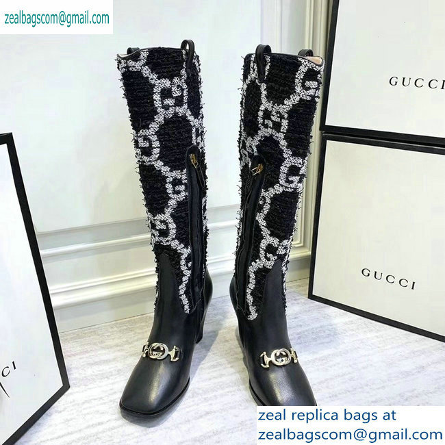 Gucci Zumi Tweed Knee Boots 577652 GG Black 2019