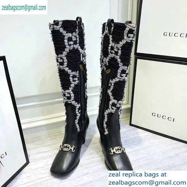 Gucci Zumi Tweed Knee Boots 577652 GG Black 2019