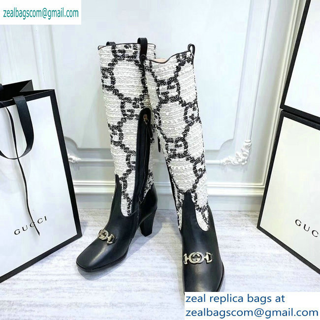 Gucci Zumi Tweed Knee Boots 577652 GG White 2019