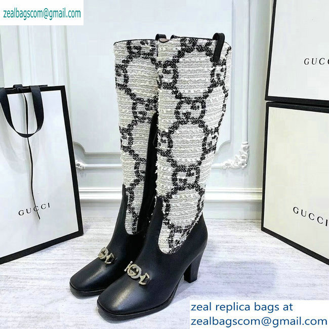 Gucci Zumi Tweed Knee Boots 577652 GG White 2019