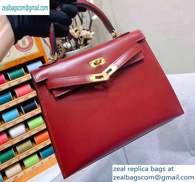 Hermes Kelly 25cm Bag in Original Box Leather Handmade Dark Red - Click Image to Close