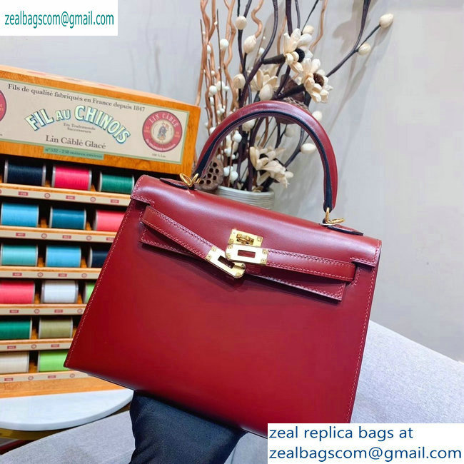 Hermes Kelly 25cm Bag in Original Box Leather Handmade Dark Red