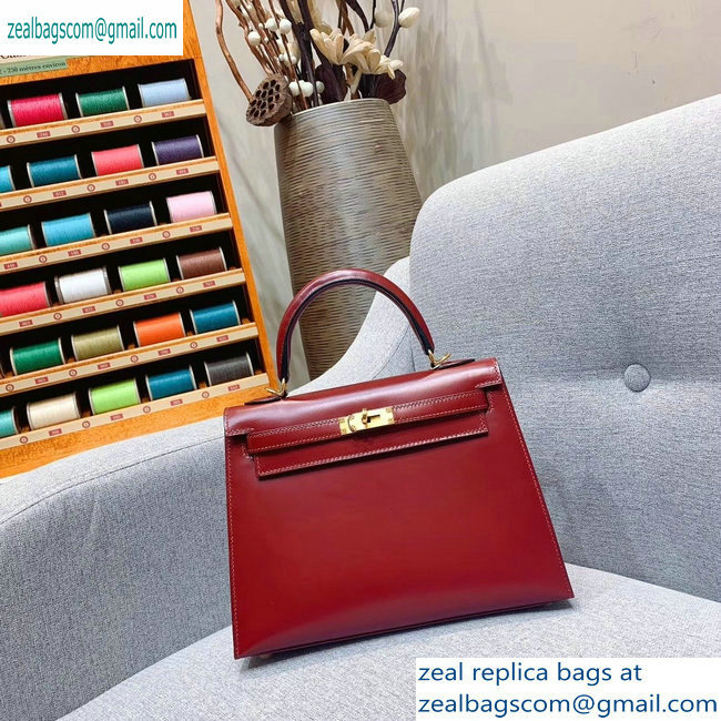 Hermes Kelly 25cm Bag in Original Box Leather Handmade Dark Red - Click Image to Close