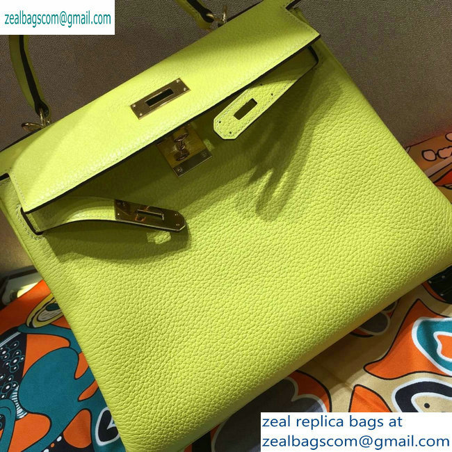 Hermes Kelly 28cm/32cm Bag In Original togo Leather With Gold/Silver Hardware lemon yellow - Click Image to Close