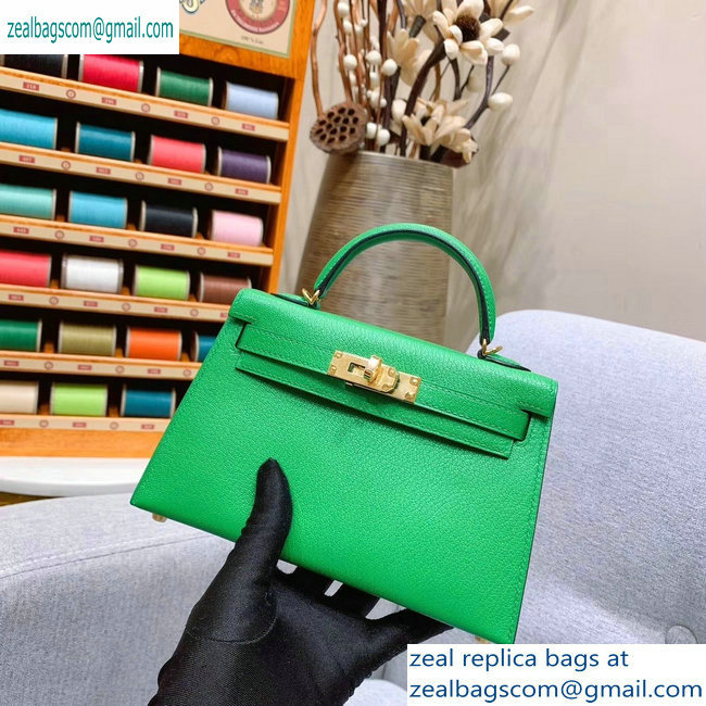 Hermes Mini Kelly II Bag in Original Chevre Leather Bamboo Green
