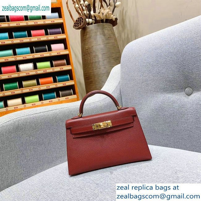 Hermes Mini Kelly II Bag in Original Chevre Leather Bordeaux Red