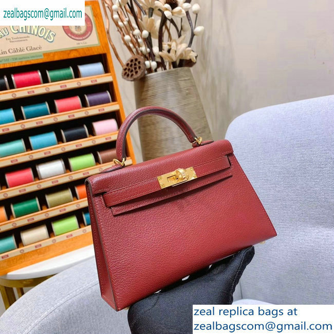 Hermes Mini Kelly II Bag in Original Chevre Leather Bordeaux Red