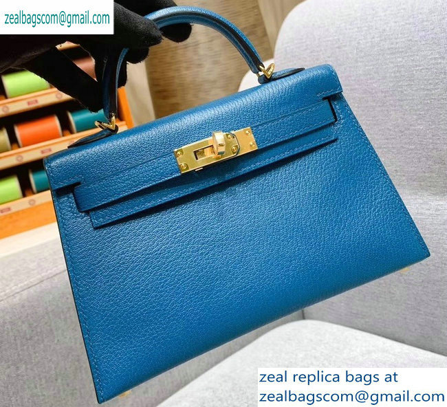 Hermes Mini Kelly II Bag in Original Chevre Leather Denim Blue - Click Image to Close