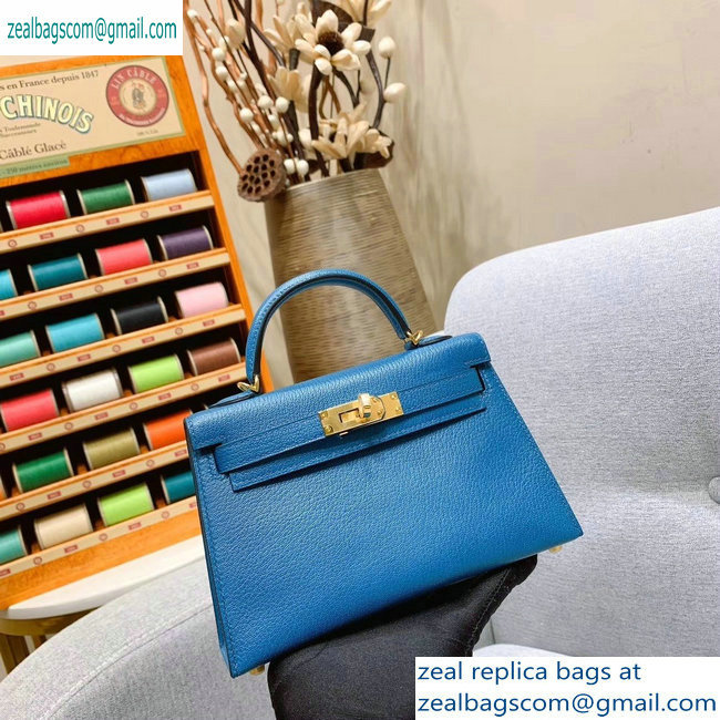 Hermes Mini Kelly II Bag in Original Chevre Leather Denim Blue