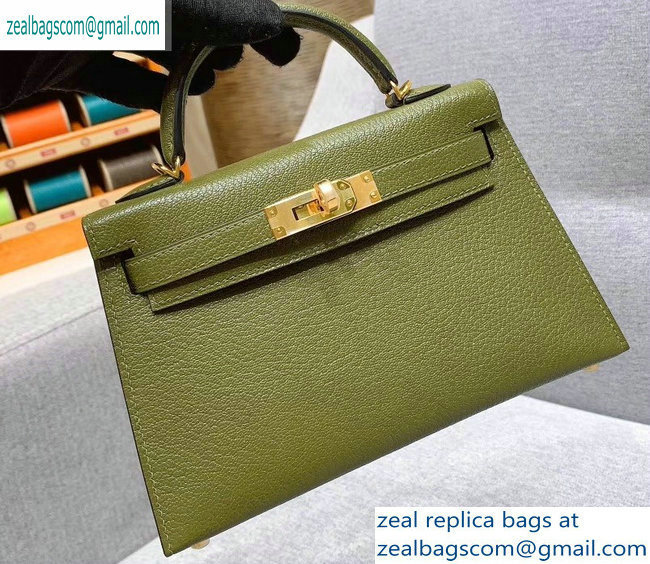 Hermes Mini Kelly II Bag in Original Chevre Leather Olive Green