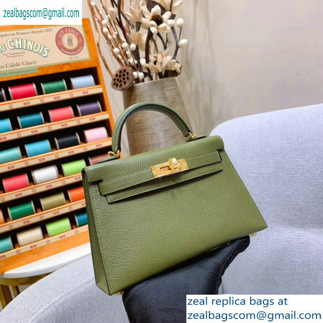 Hermes Mini Kelly II Bag in Original Chevre Leather Olive Green - Click Image to Close