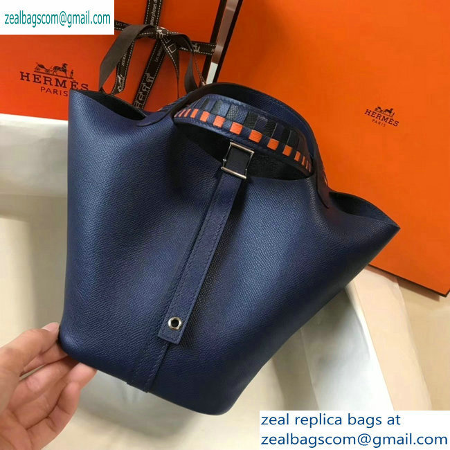 Hermes Picotin Lock 18 Bag with Braided Handles navy blue