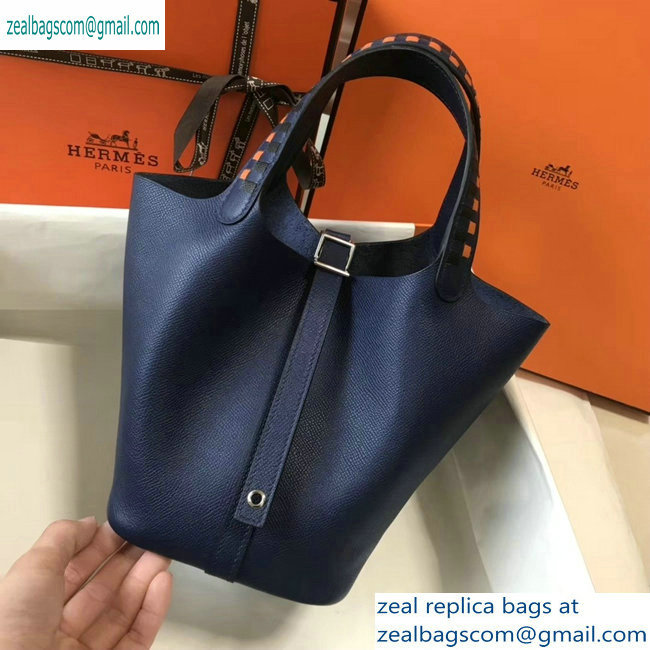 Hermes Picotin Lock 18 Bag with Braided Handles navy blue