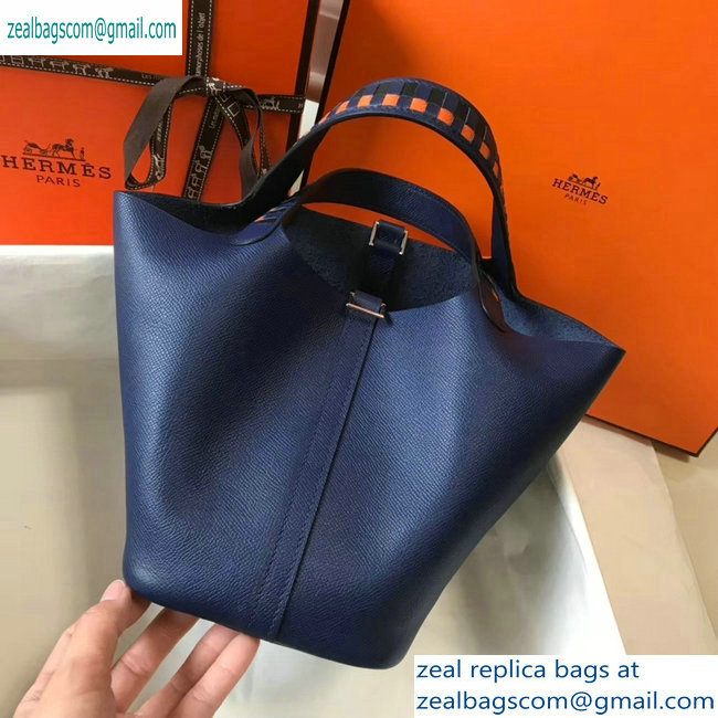 Hermes Picotin Lock 18 Bag with Braided Handles navy blue