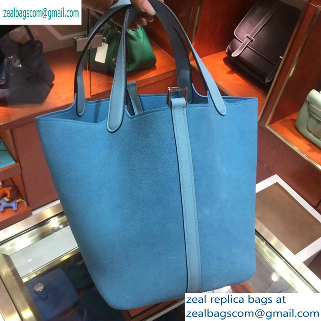 Hermes Picotin Lock 22 Bag Bleu Aztec in suede leather - Click Image to Close