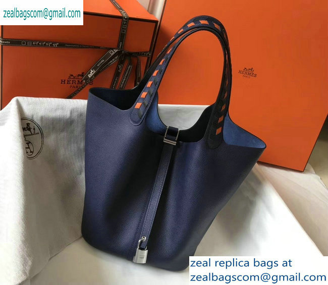 Hermes Picotin Lock 22 Bag with Braided Handles navy blue