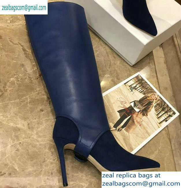 Jimmy Choo Heel 10cm Calfskin and Suede Pointed Toe High Boots Blue 2019