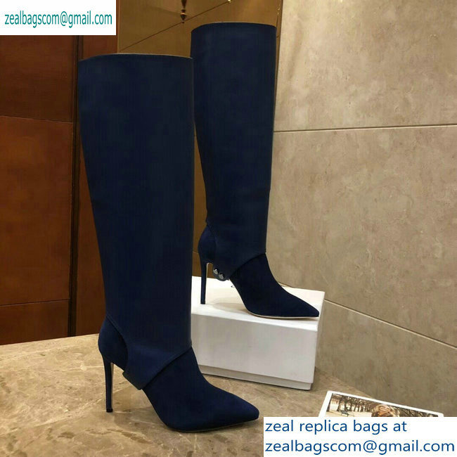 Jimmy Choo Heel 10cm Calfskin and Suede Pointed Toe High Boots Blue 2019