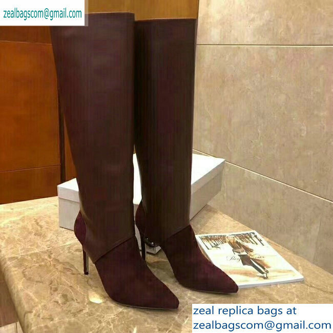 Jimmy Choo Heel 10cm Calfskin and Suede Pointed Toe High Boots Burgundy 2019 - Click Image to Close