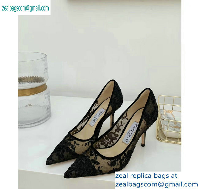 Jimmy Choo Heel 8.5cm Love Pointy Toe Pumps Floral Lace Black 2019 - Click Image to Close