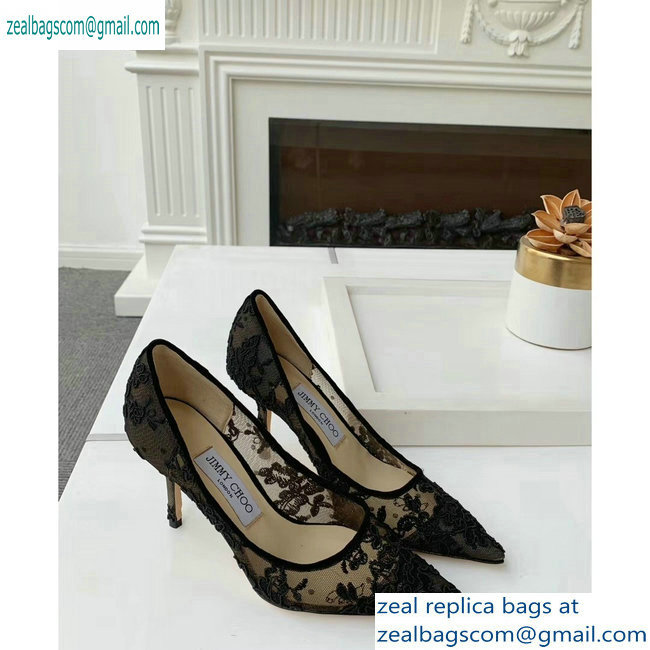 Jimmy Choo Heel 8.5cm Love Pointy Toe Pumps Floral Lace Black 2019 - Click Image to Close