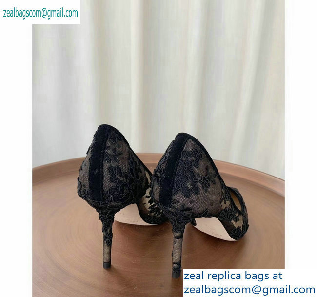 Jimmy Choo Heel 8.5cm Love Pointy Toe Pumps Floral Lace Black 2019